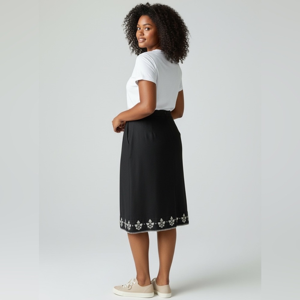 Ann Taylor Wool Cashmere Blend  Embroidered w/Pockets A-Line Black Skirt 12